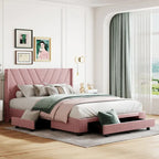 Lit plateforme Queen tapissé en lin avec 3 tiroirs, rose/bleu/beige/gris, 2 personnes