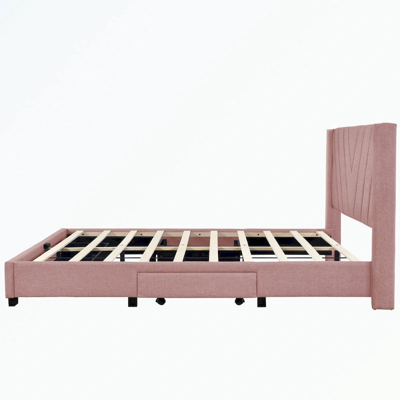 Lit plateforme Queen tapissé en lin avec 3 tiroirs, rose/bleu/beige/gris, 2 personnes