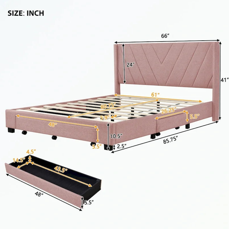 Lit plateforme Queen tapissé en lin avec 3 tiroirs, rose/bleu/beige/gris, 2 personnes