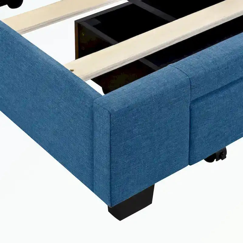Lit plateforme Queen tapissé en lin avec 3 tiroirs, rose/bleu/beige/gris, 2 personnes