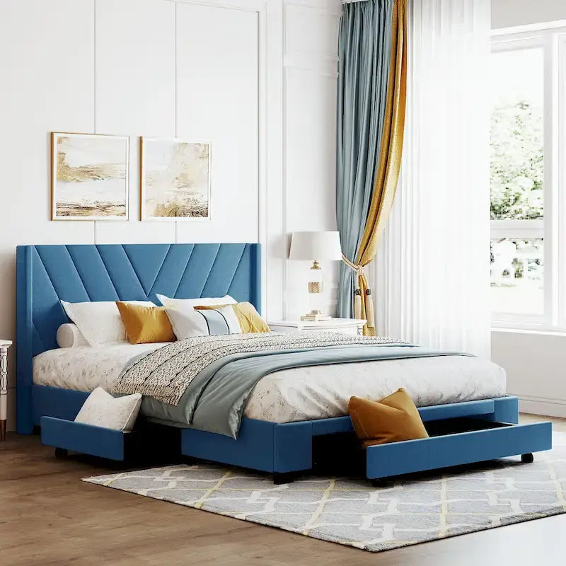 Lit plateforme Queen tapissé en lin avec 3 tiroirs, rose/bleu/beige/gris, 2 personnes