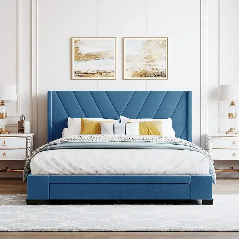 Lit plateforme Queen tapissé en lin avec 3 tiroirs, rose/bleu/beige/gris, 2 personnes