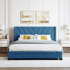 Lit plateforme Queen tapissé en lin avec 3 tiroirs, rose/bleu/beige/gris, 2 personnes