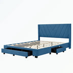 Lit plateforme Queen tapissé en lin avec 3 tiroirs, rose/bleu/beige/gris, 2 personnes