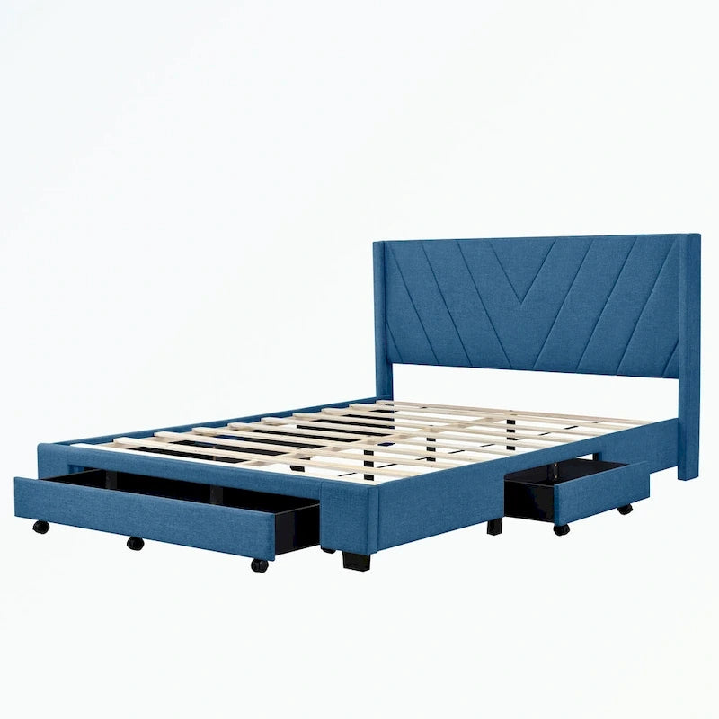 Lit plateforme Queen tapissé en lin avec 3 tiroirs, rose/bleu/beige/gris, 2 personnes