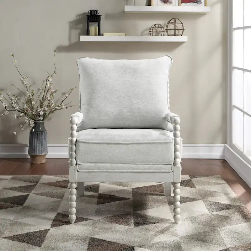 Fauteuil Spindle, Rembourré, Une place – Gris clair / Denim / Lin / Blanc antique