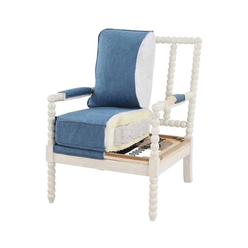 Fauteuil Spindle, Rembourré, Une place – Gris clair / Denim / Lin / Blanc antique