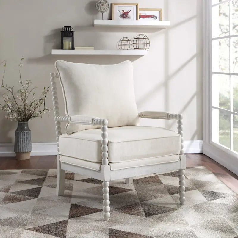 Fauteuil Spindle, Rembourré, Une place – Gris clair / Denim / Lin / Blanc antique