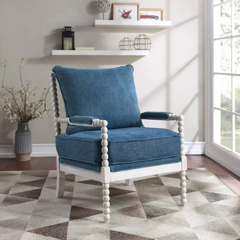 Fauteuil Spindle, Rembourré, Une place – Gris clair / Denim / Lin / Blanc antique