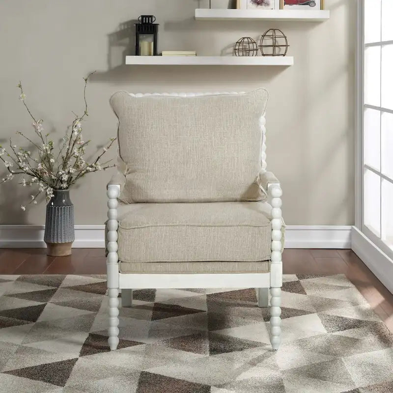 Fauteuil Spindle, Rembourré, Une place – Gris clair / Denim / Lin / Blanc antique