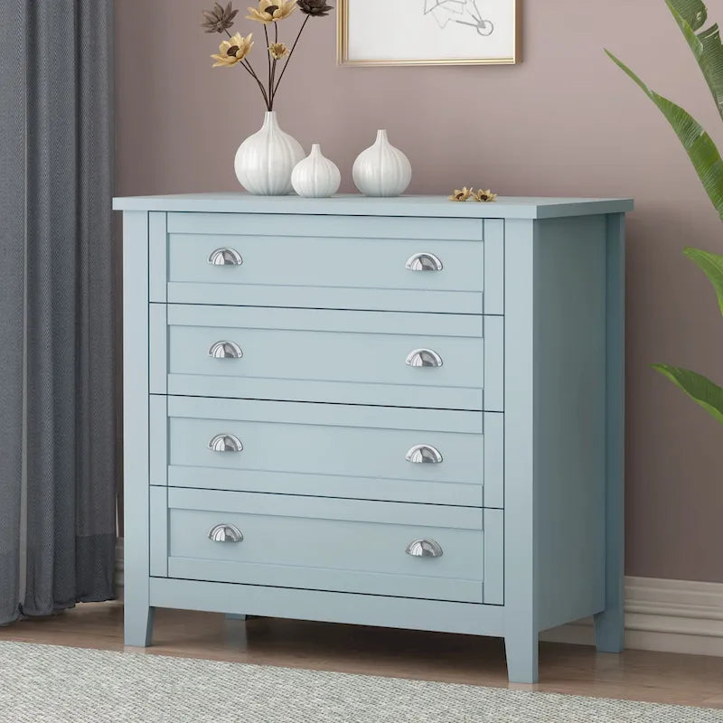 Commode de tiroirs noire/bleue de style rétro à poignée coquille (4 ou 6 tiroirs, assemblage par 1 personne)