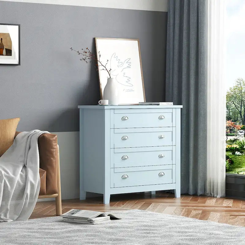 Commode de tiroirs noire/bleue de style rétro à poignée coquille (4 ou 6 tiroirs, assemblage par 1 personne)