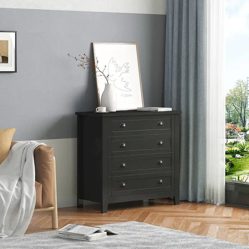 Commode de tiroirs noire/bleue de style rétro à poignée coquille (4 ou 6 tiroirs, assemblage par 1 personne)
