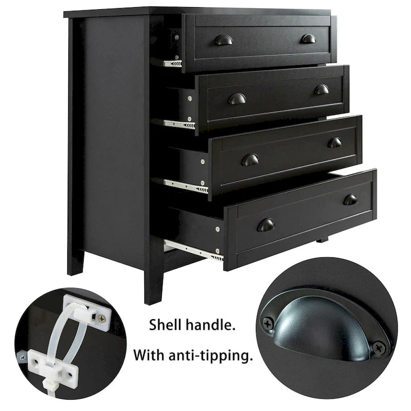 Commode de tiroirs noire/bleue de style rétro à poignée coquille (4 ou 6 tiroirs, assemblage par 1 personne)