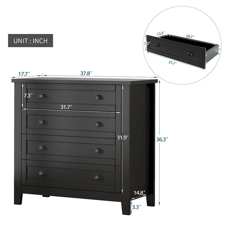 Commode de tiroirs noire/bleue de style rétro à poignée coquille (4 ou 6 tiroirs, assemblage par 1 personne)