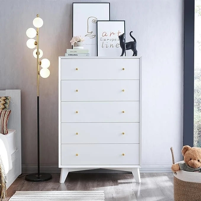 Commode à 5 tiroirs de style Mid-Century en Blanc / Espresso / Cerisier / Chêne, pour utilisateur unique