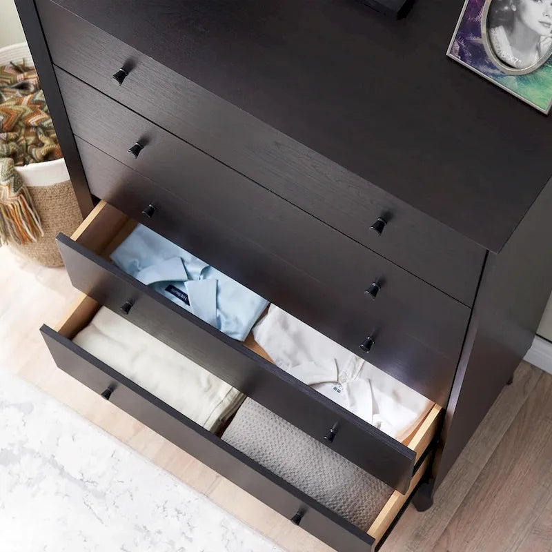 Commode à 5 tiroirs de style Mid-Century en Blanc / Espresso / Cerisier / Chêne, pour utilisateur unique