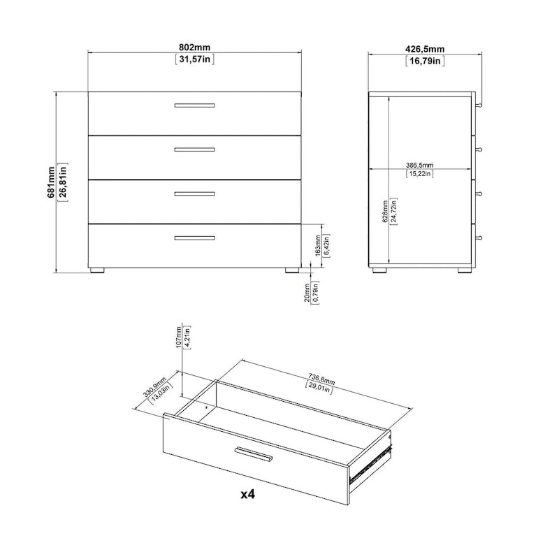 Commode 4 tiroirs Blanche / Chêne / Truffe / Noyer / Effet bois – Montage par 2 personnes