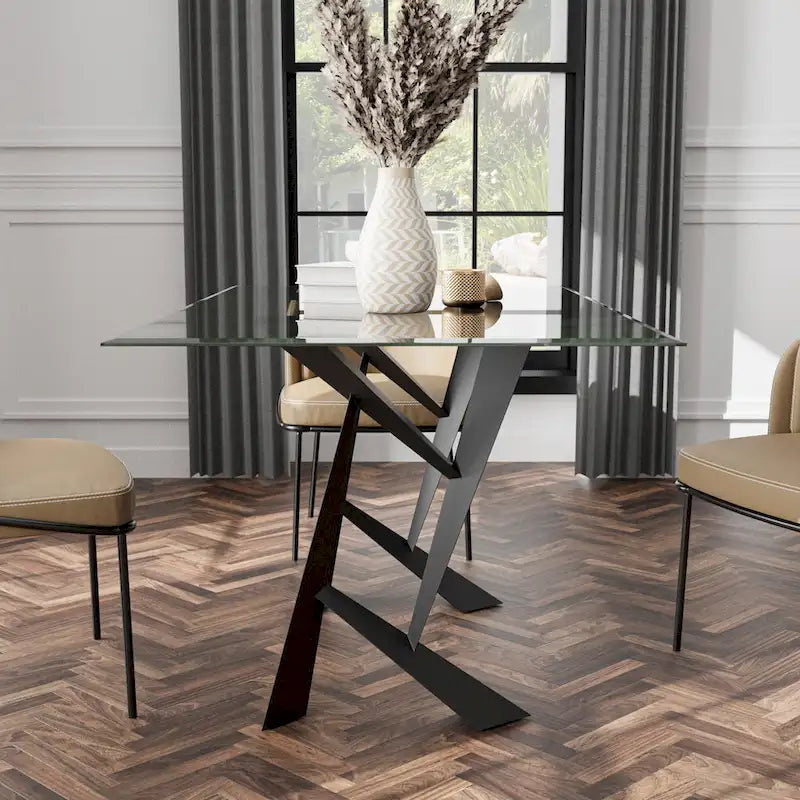 Table à manger moderne noire avec plateau en verre, 6 places