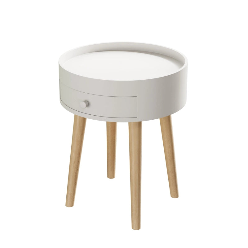 Table de chevet ronde blanche avec tiroir, simple, MDF