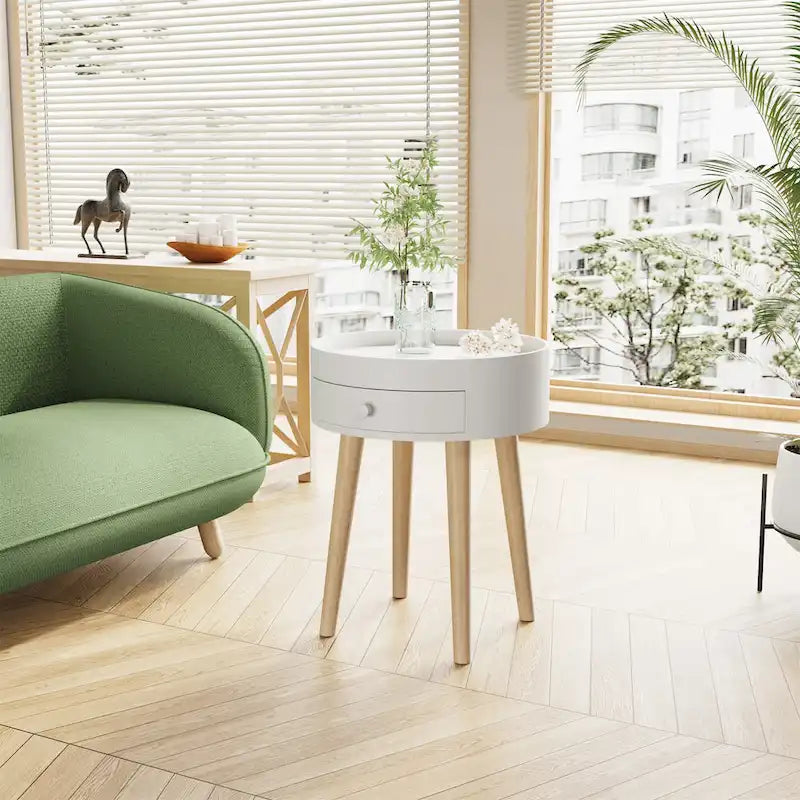 Table de chevet ronde blanche avec tiroir, simple, MDF