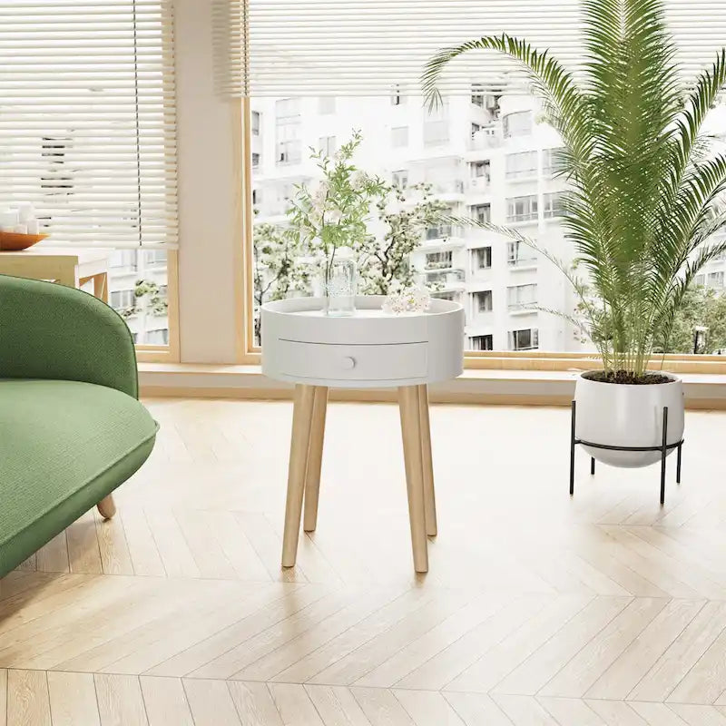 Table de chevet ronde blanche avec tiroir, simple, MDF