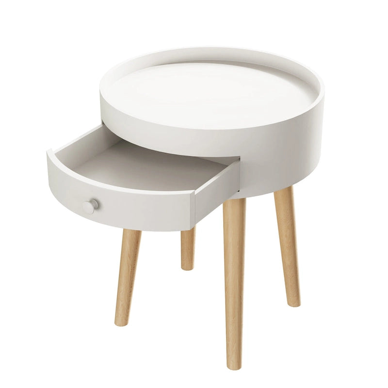 Table de chevet ronde blanche avec tiroir, simple, MDF
