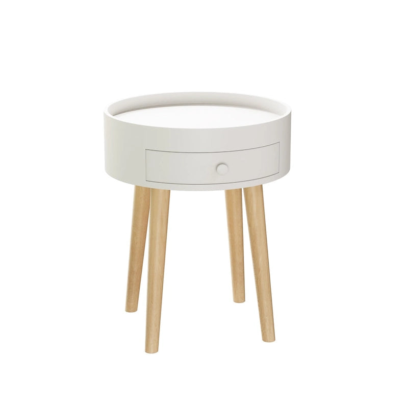 Table de chevet ronde blanche avec tiroir, simple, MDF