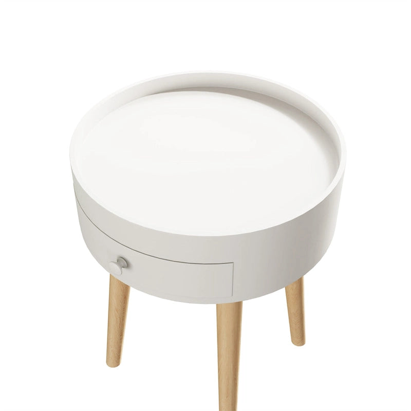 Table de chevet ronde blanche avec tiroir, simple, MDF