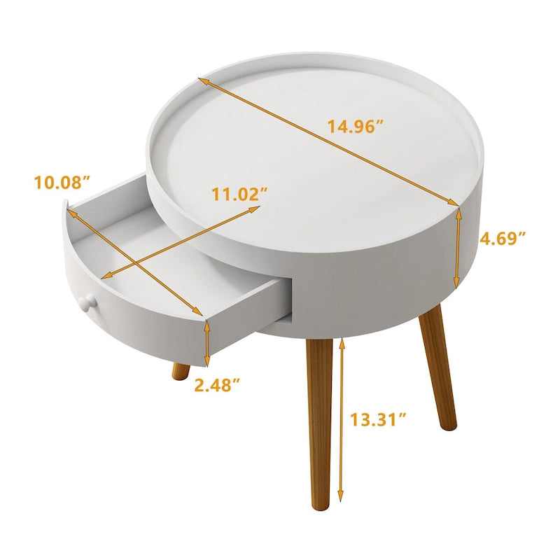 Table de chevet ronde blanche avec tiroir, simple, MDF