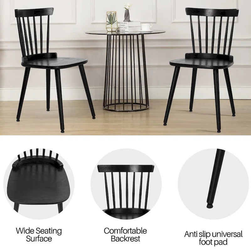 Chaise de salle à manger Windsor noire à dossier à barreaux, lot de 2/4