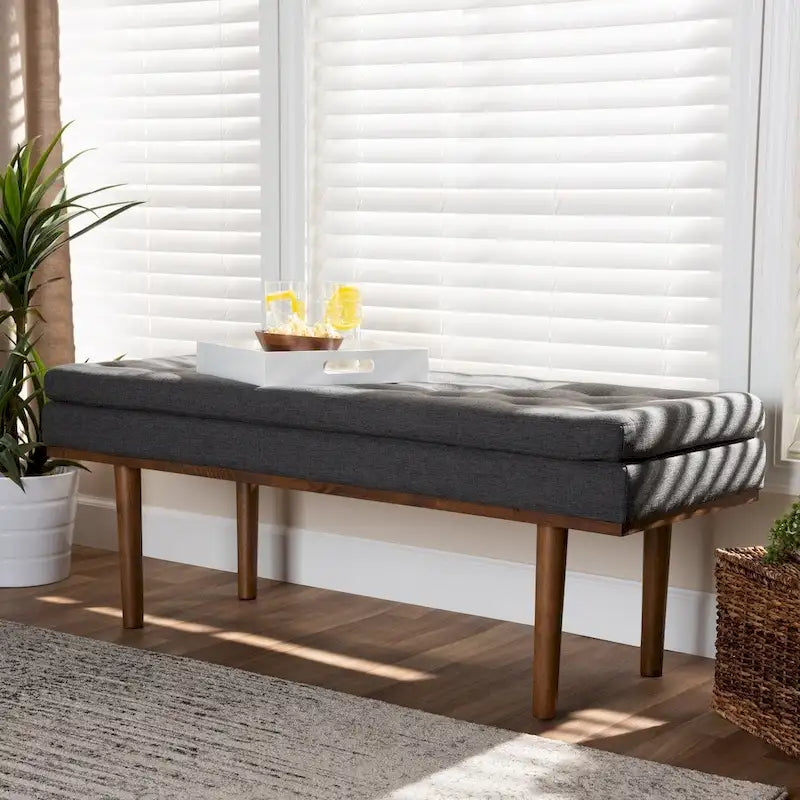 Banc moderne du milieu du siècle, capitonné, gris/beige, 1 place