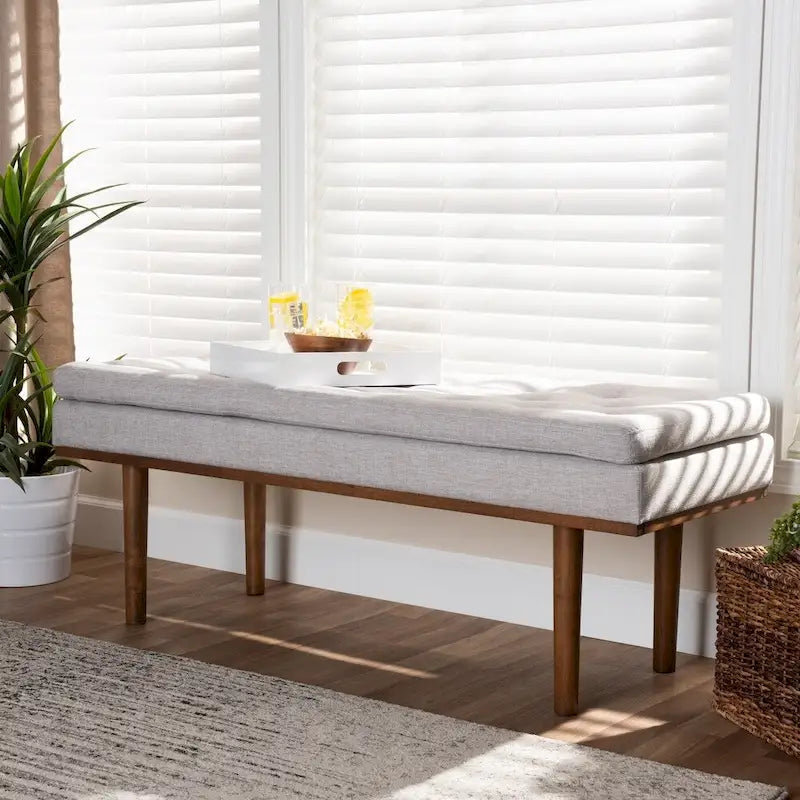 Banc moderne du milieu du siècle, capitonné, gris/beige, 1 place