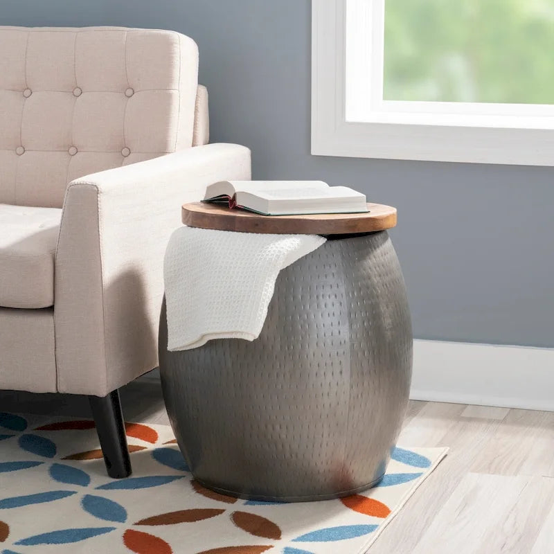 Table d'appoint Tambour martelé avec rangement dissimulé – Or / Argent