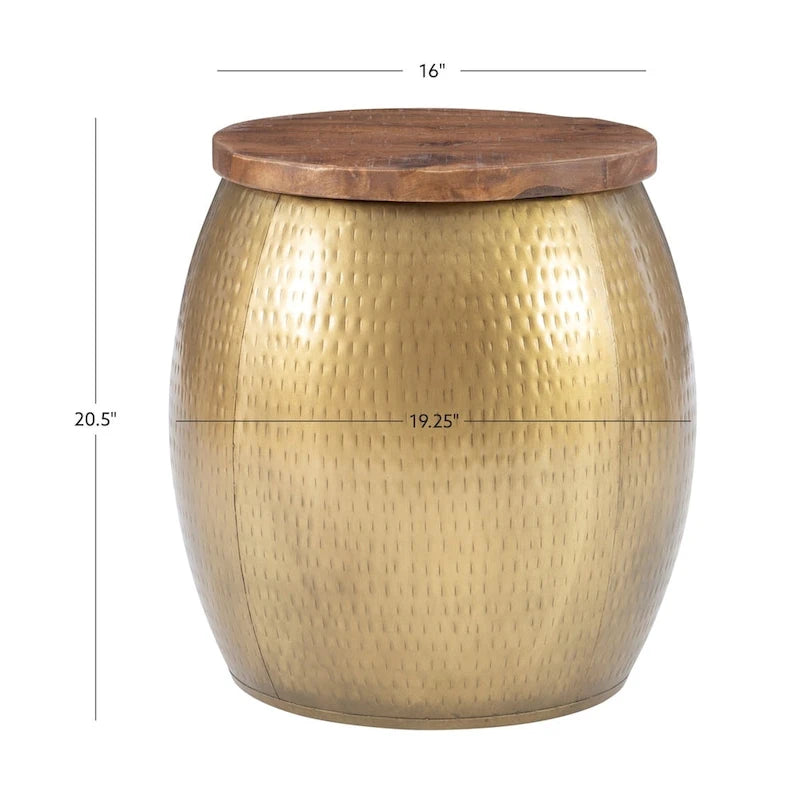 Table d'appoint Tambour martelé avec rangement dissimulé – Or / Argent