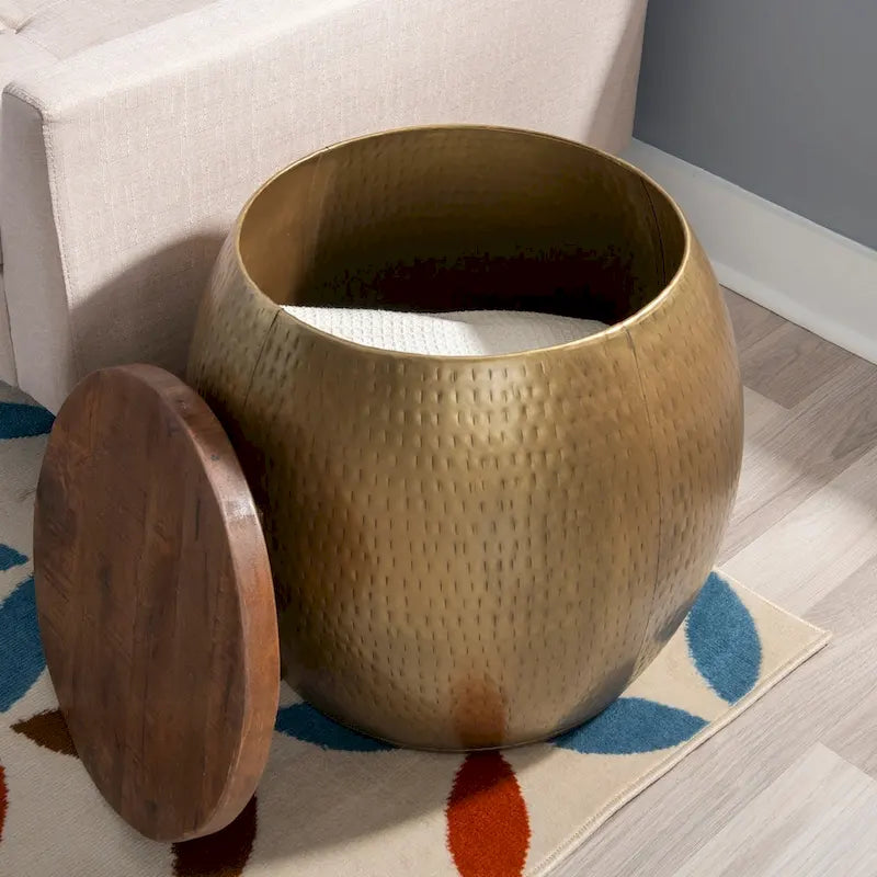 Table d'appoint Tambour martelé avec rangement dissimulé – Or / Argent