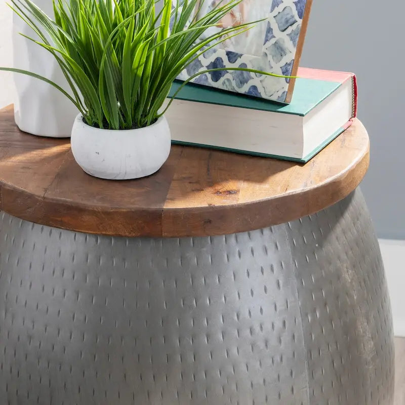 Table d'appoint Tambour martelé avec rangement dissimulé – Or / Argent
