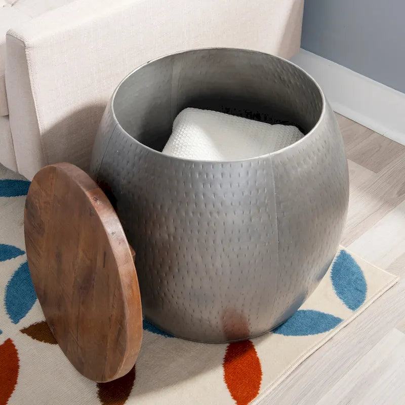 Table d'appoint Tambour martelé avec rangement dissimulé – Or / Argent