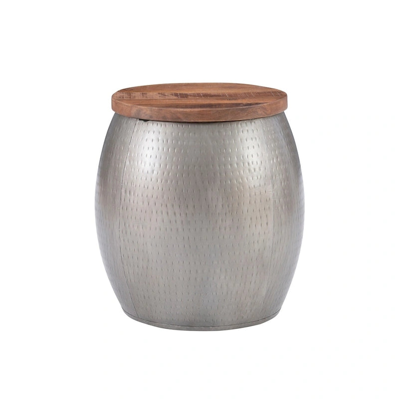 Table d'appoint Tambour martelé avec rangement dissimulé – Or / Argent