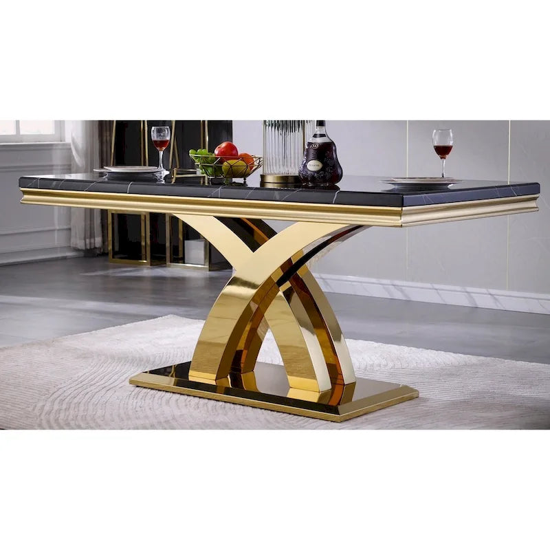 Table à manger rectangulaire noire/argentée, piètement double en X, 6 places