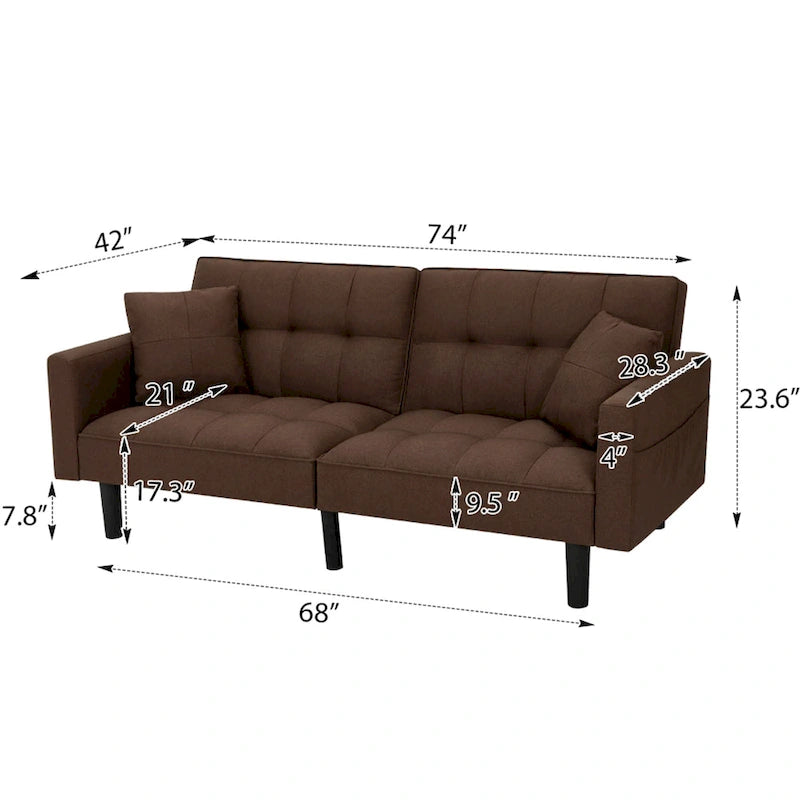 Canapé-lit futon convertible, similicuir, inclinable 3 positions, 1 place (Chêne/Kaki, Gris, Noir, Marron)