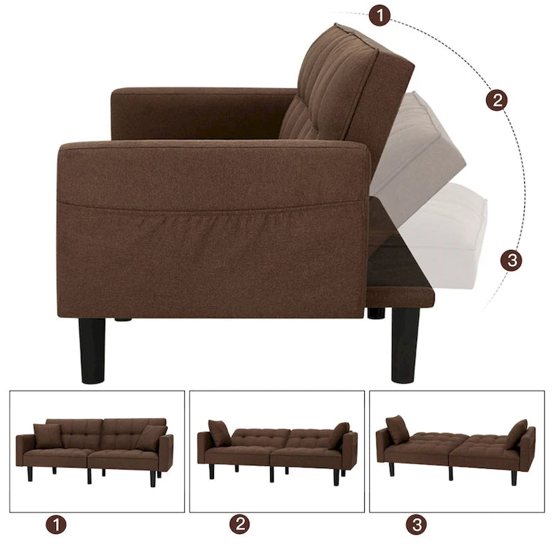 Canapé-lit futon convertible, similicuir, inclinable 3 positions, 1 place (Chêne/Kaki, Gris, Noir, Marron)