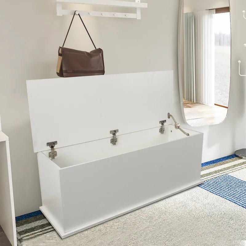 Banc de rangement avec dessus relevable, 1 place, en bois manufacturé, blanc/noir