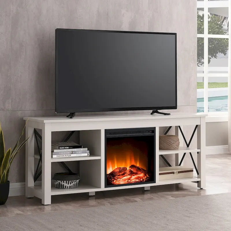 Meuble TV de ferme avec insert de cheminée électrique, convient aux téléviseurs jusqu'à 65 pouces