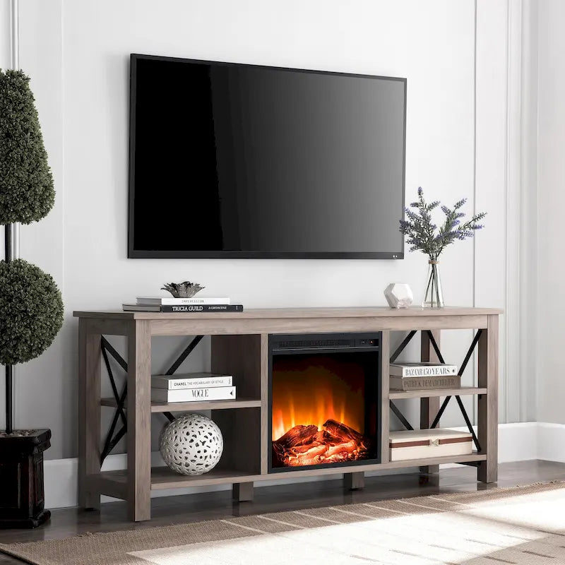 Meuble TV de ferme avec insert de cheminée électrique, convient aux téléviseurs jusqu'à 65 pouces