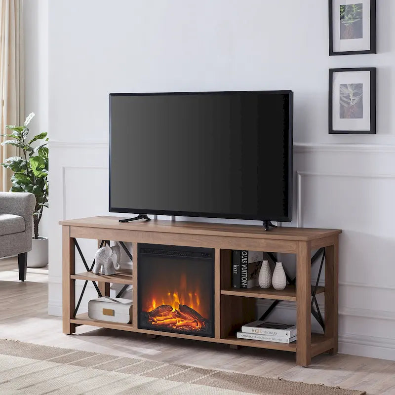 Meuble TV de ferme avec insert de cheminée électrique, convient aux téléviseurs jusqu'à 65 pouces