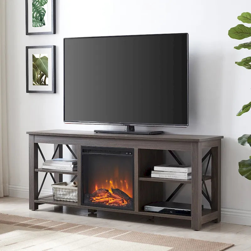Meuble TV de ferme avec insert de cheminée électrique, convient aux téléviseurs jusqu'à 65 pouces