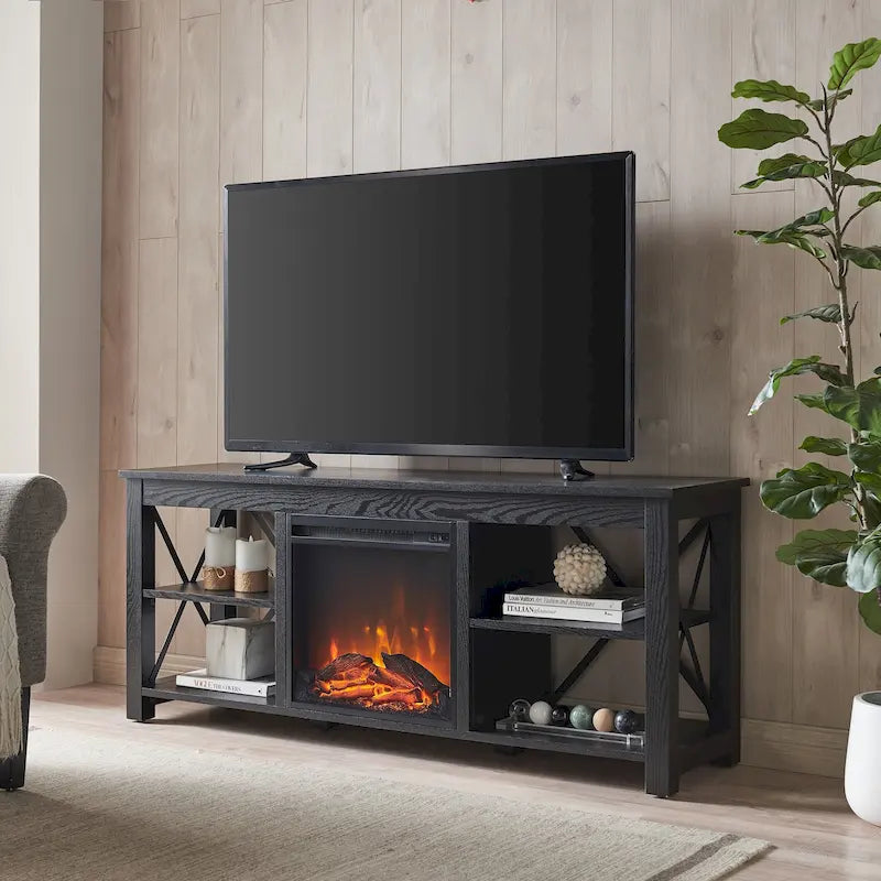 Meuble TV de ferme avec insert de cheminée électrique, convient aux téléviseurs jusqu'à 65 pouces