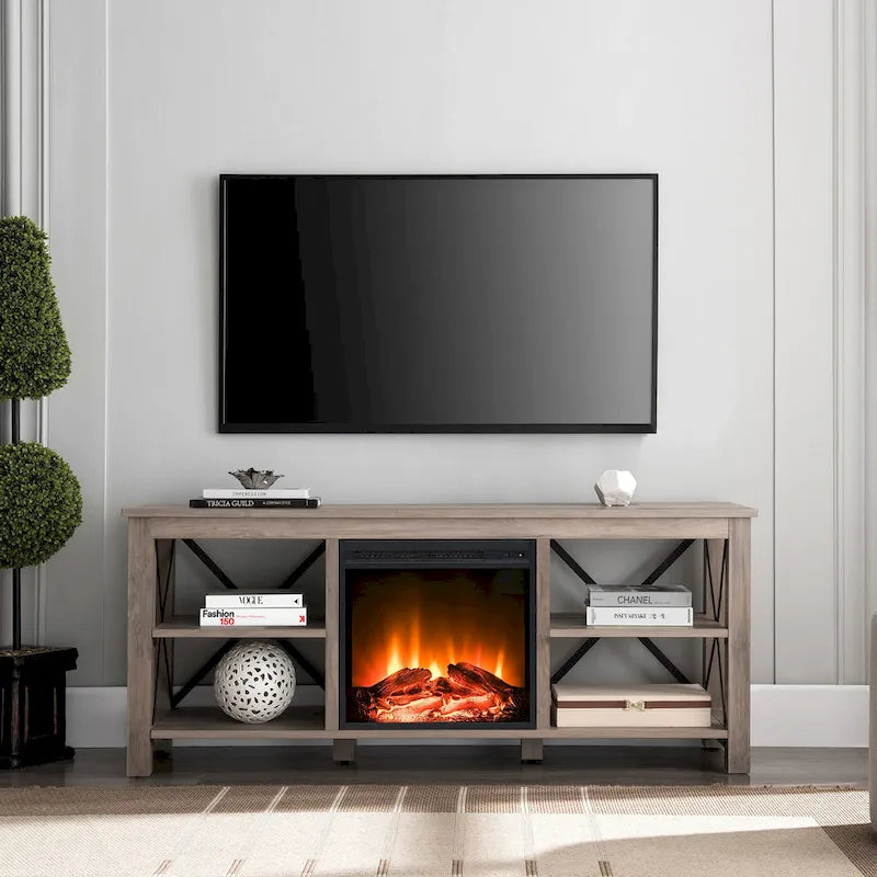 Meuble TV de ferme avec insert de cheminée électrique, convient aux téléviseurs jusqu'à 65 pouces