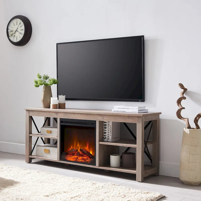 Meuble TV de ferme avec insert de cheminée électrique, convient aux téléviseurs jusqu'à 65 pouces